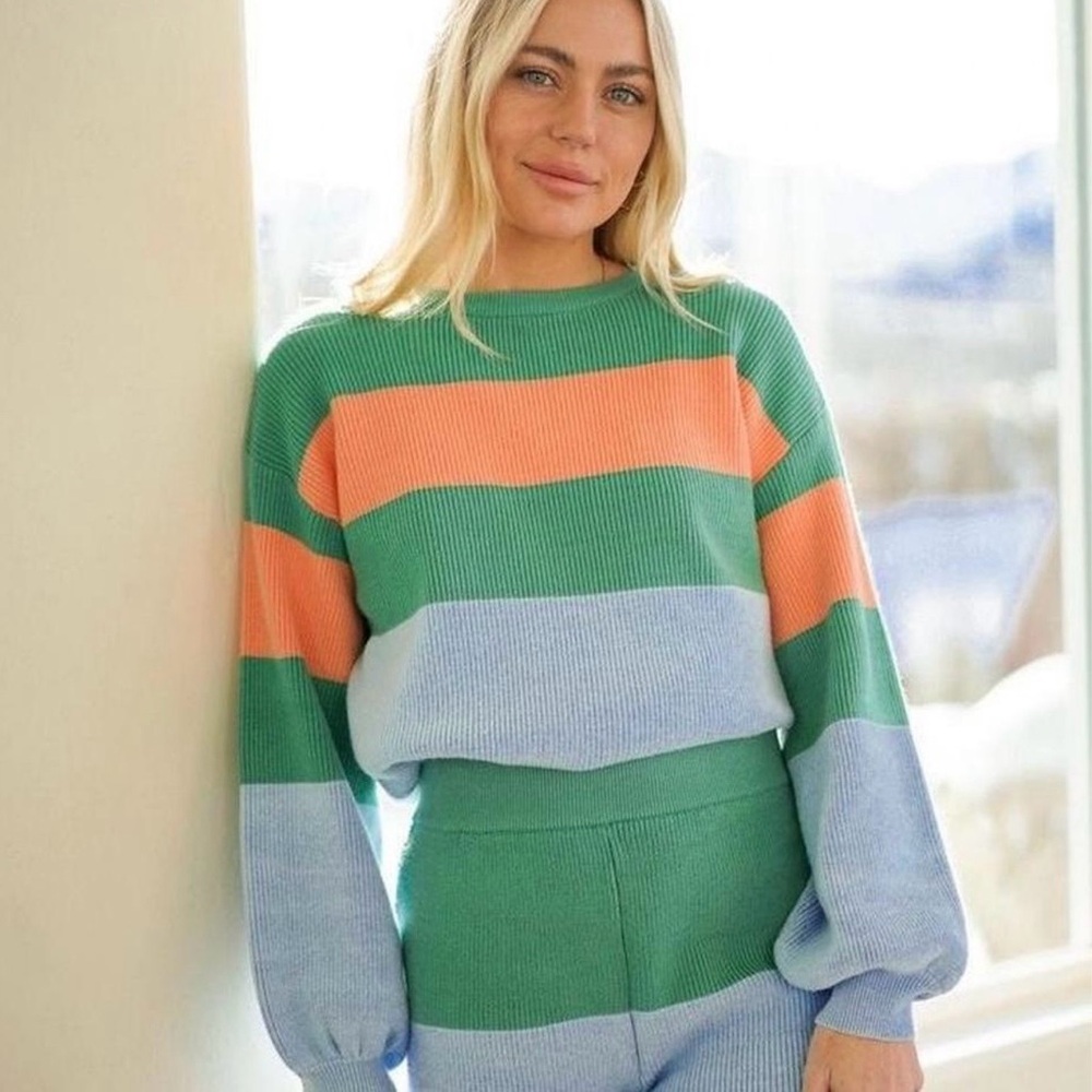 Striped Green, Peach & Light Blue Crewneck Sweater - Unbranded